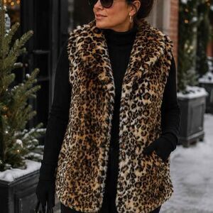 Cejon Women’s Leopard Print Faux Fur Vest Size L Animal Print